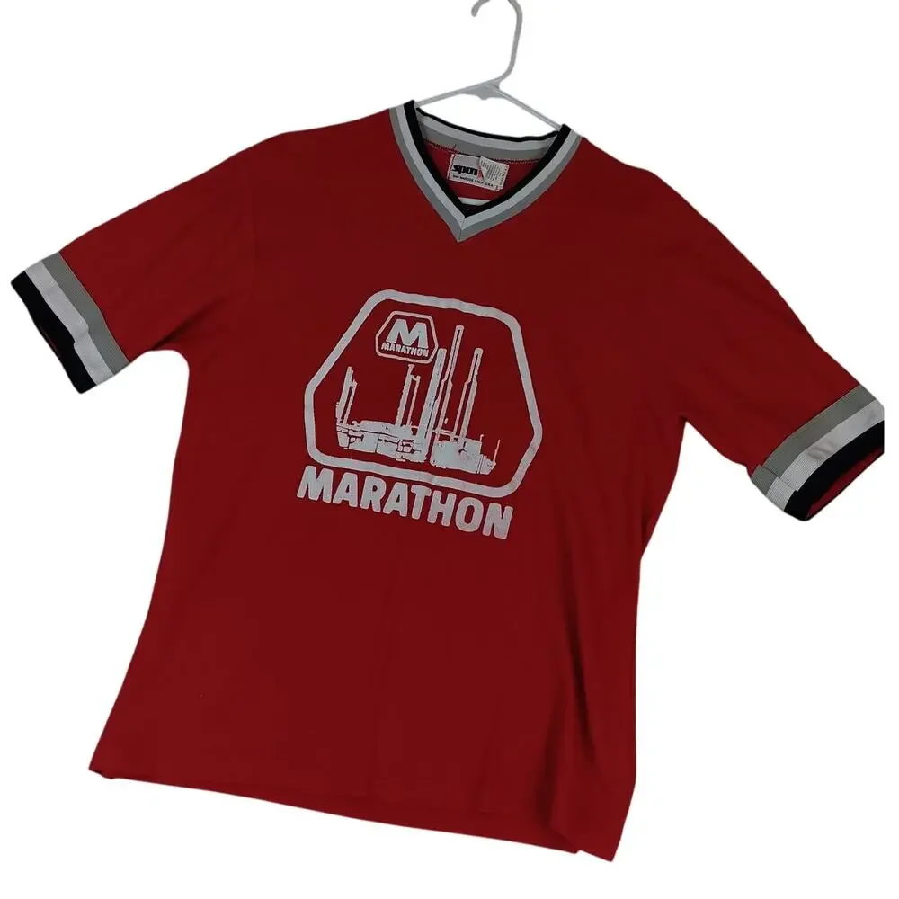 Spanjan Vintage Marathon Oil Baseball Shirt Boys XL Red Advertising Logo USA 14